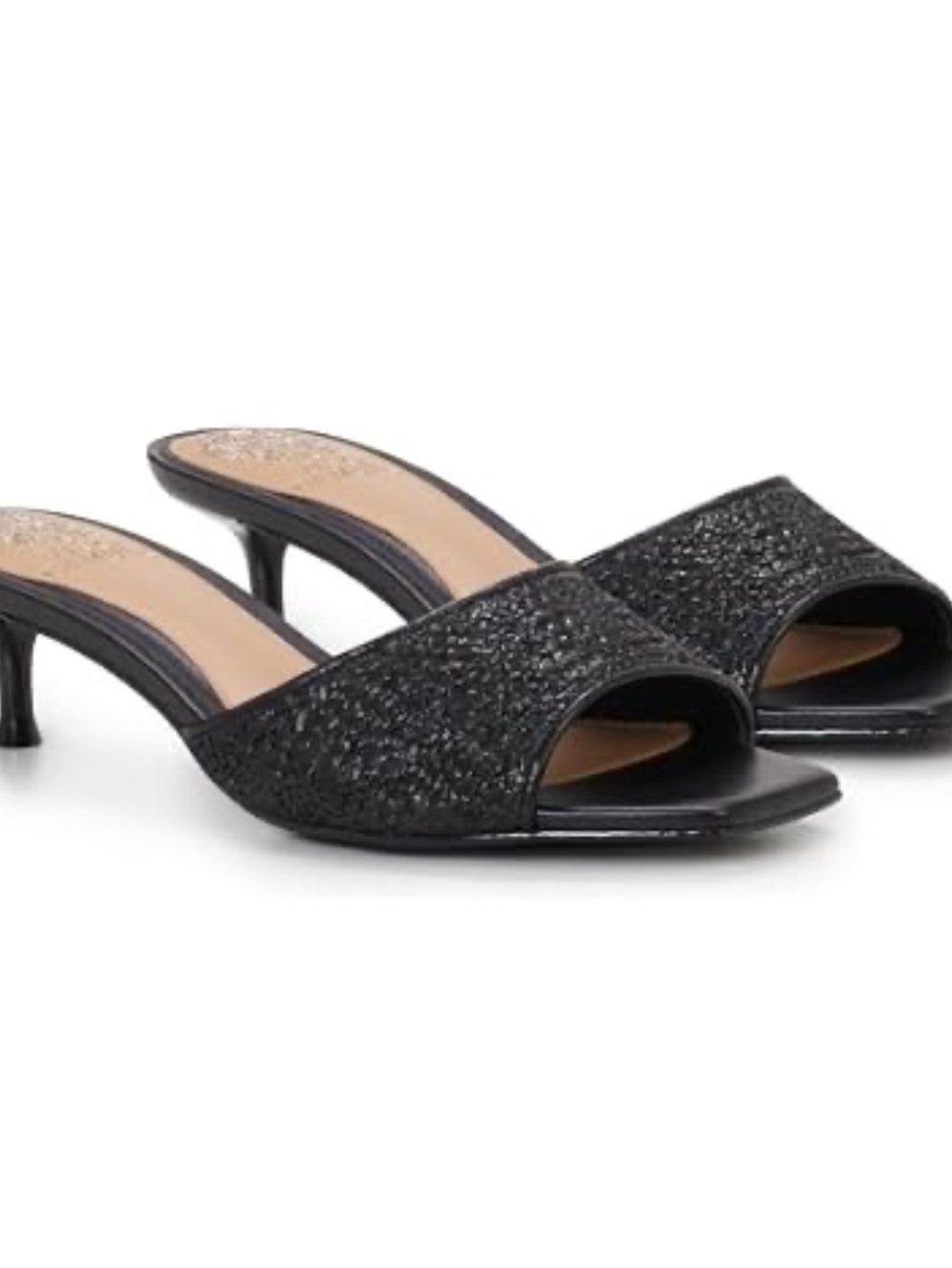 Vince Camuto Black Glitter Open-Toe Kitten Heel Mules